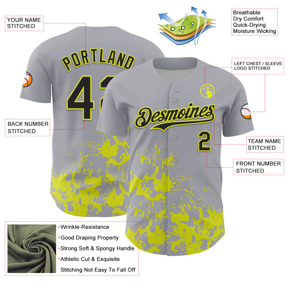 Custom Gray Black-Neon Yellow Splatter Authentic Baseball Jersey view 3
