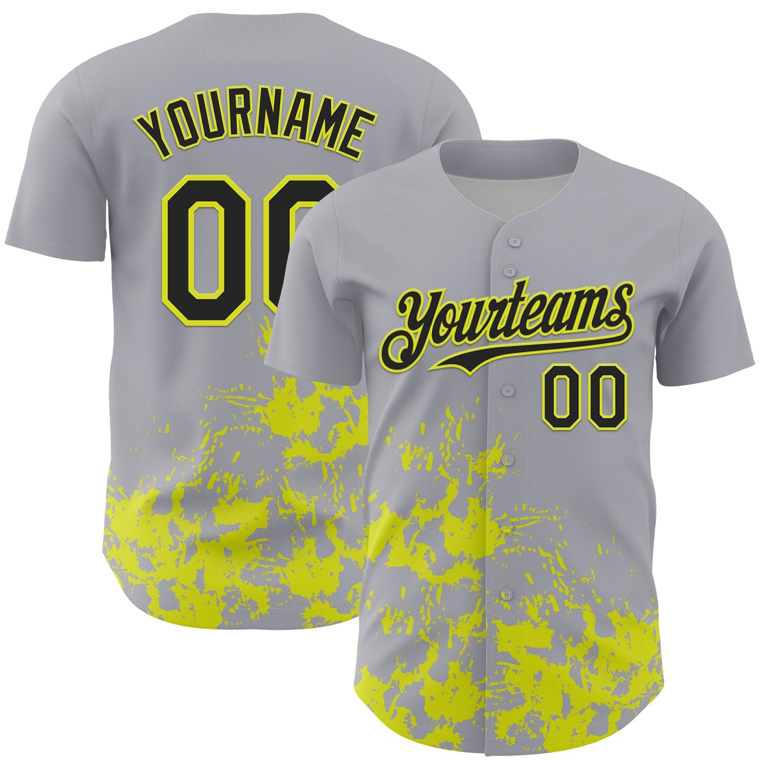 Custom Gray Black-Neon Yellow Splatter Authentic Baseball Jersey - Main View