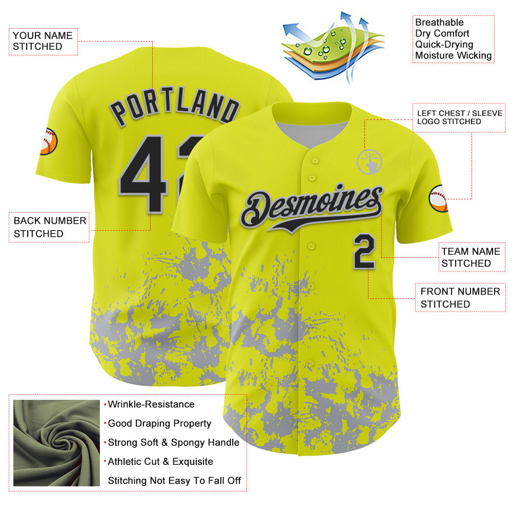 Custom Neon Yellow Black-Gray Splatter Authentic Baseball Jersey view 3