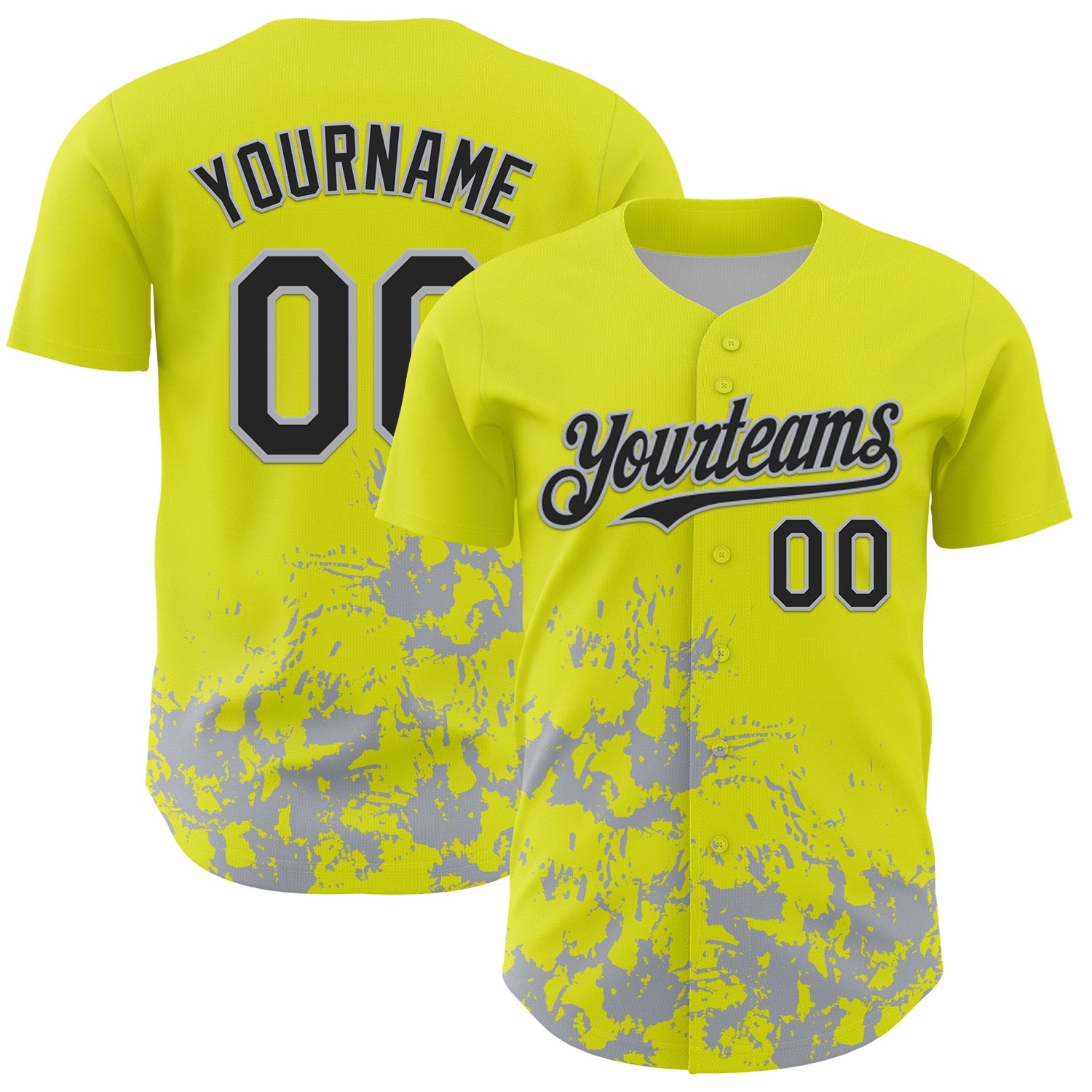 Custom Neon Yellow Black-Gray Splatter Authentic Baseball Jersey - Main View
