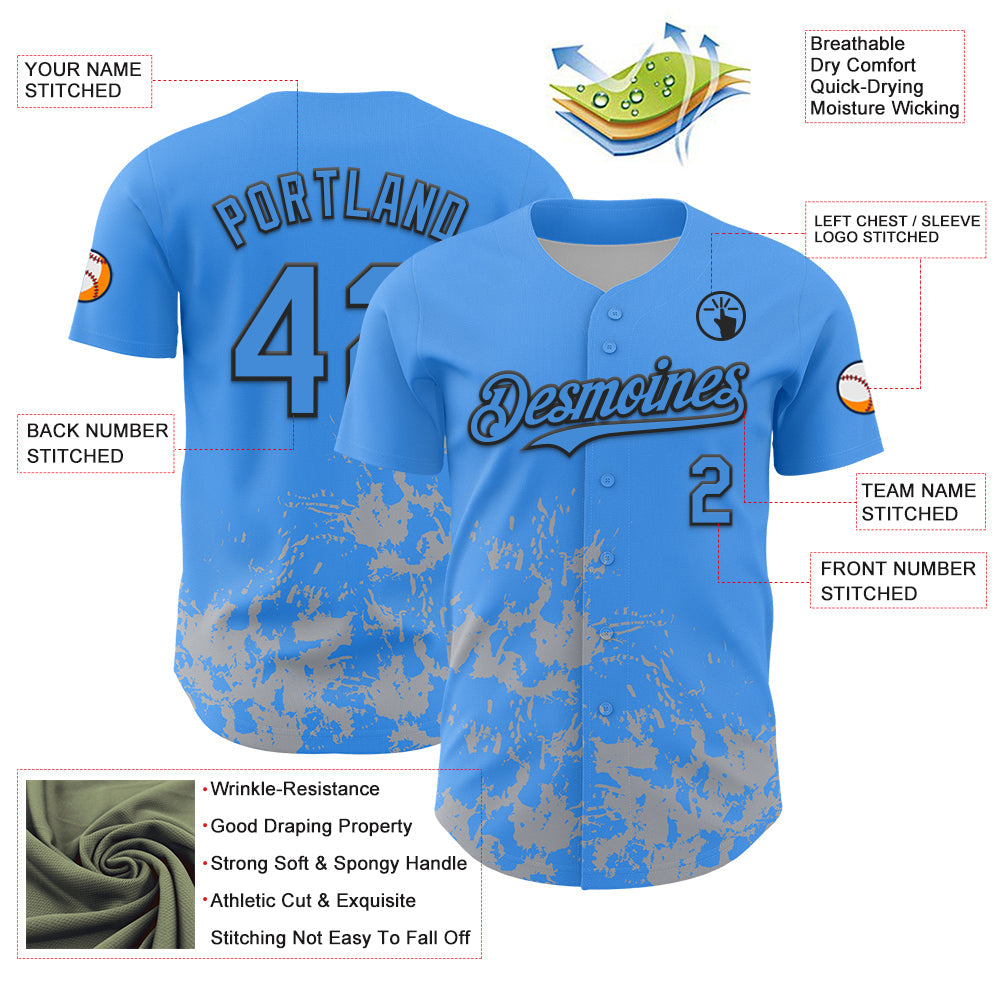 Custom Powder Blue Black-Gray Splatter Authentic Baseball Jersey view 3