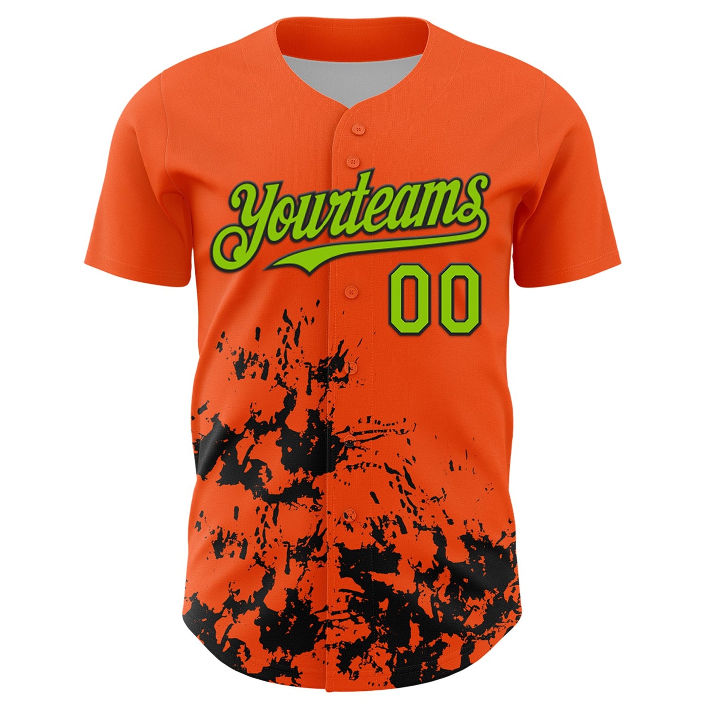 Custom Orange Neon Green-Black Splatter Authentic Baseball Jersey view 2