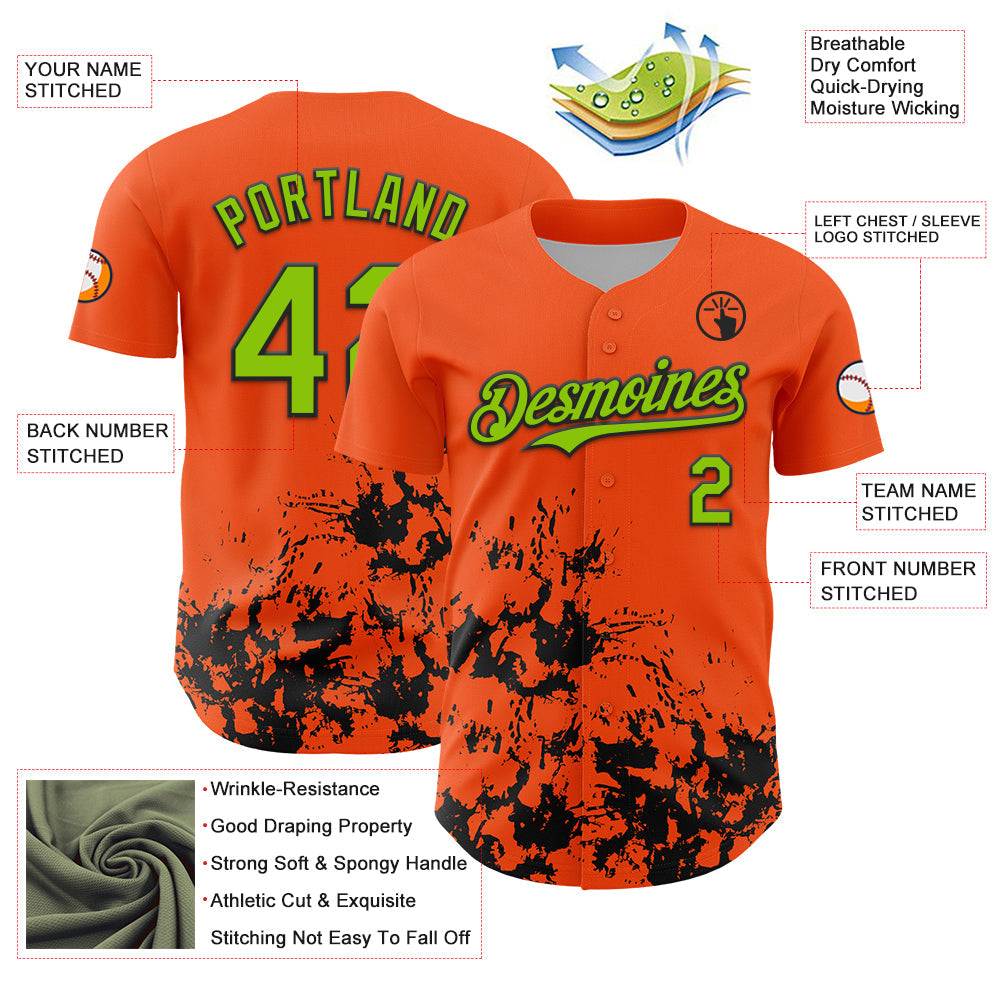 Custom Orange Neon Green-Black Splatter Authentic Baseball Jersey view 3
