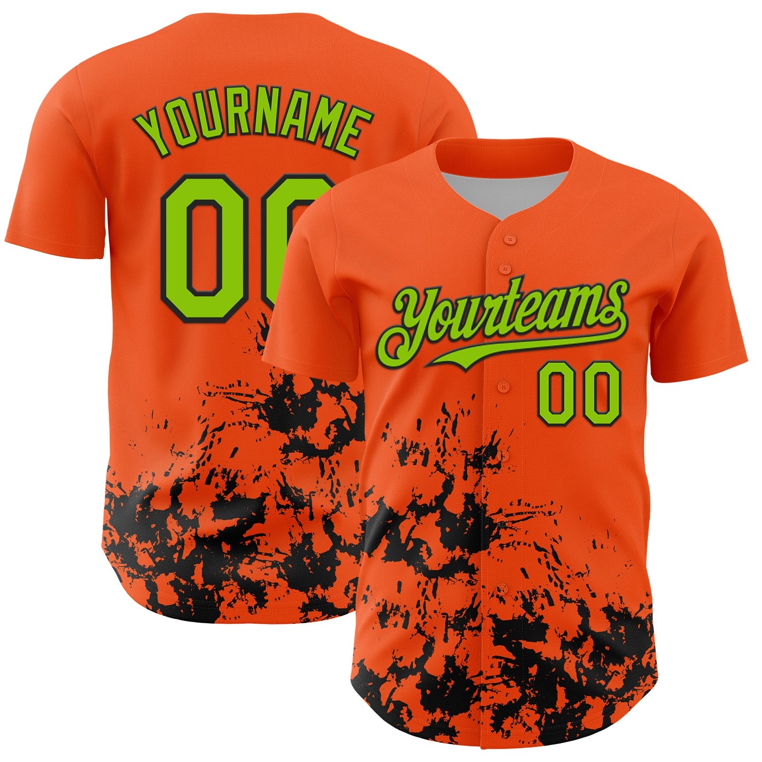 Custom Orange Neon Green-Black Splatter Authentic Baseball Jersey - Main View