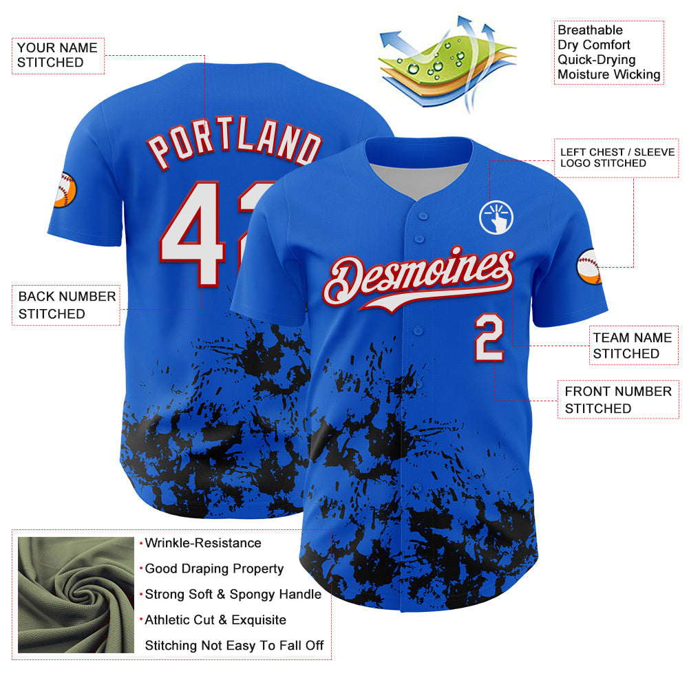 Custom Thunder Blue White Red-Black Splatter Authentic Baseball Jersey view 3