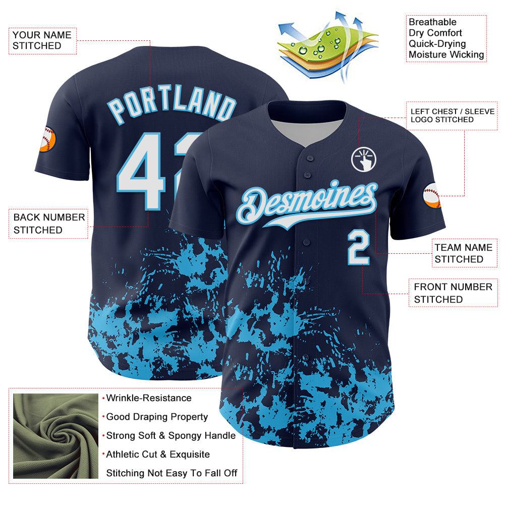 Custom Navy White-Sky Blue Splatter Authentic Baseball Jersey view 3