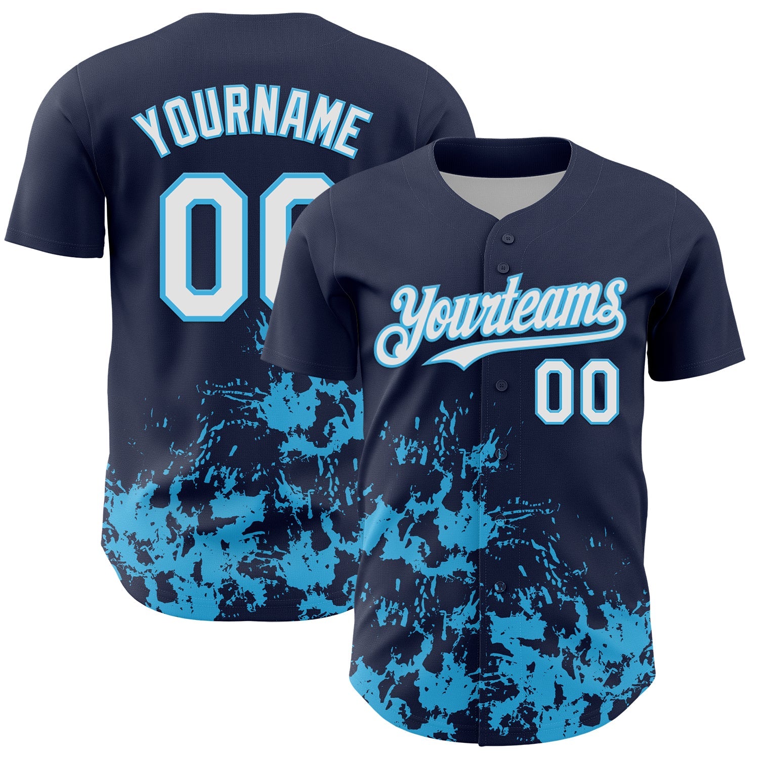 Custom Navy White-Sky Blue Splatter Authentic Baseball Jersey - Main View