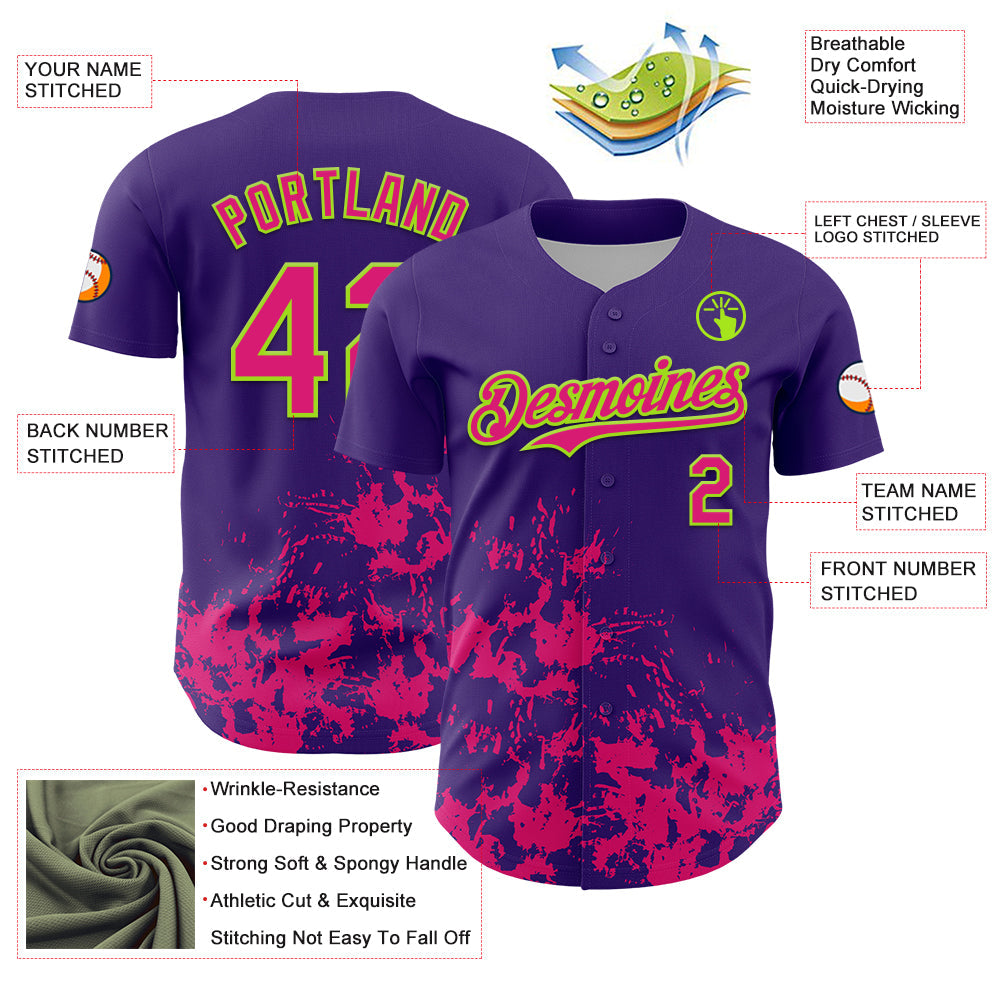 Custom Purple Hot Pink-Neon Green Splatter Authentic Baseball Jersey view 3