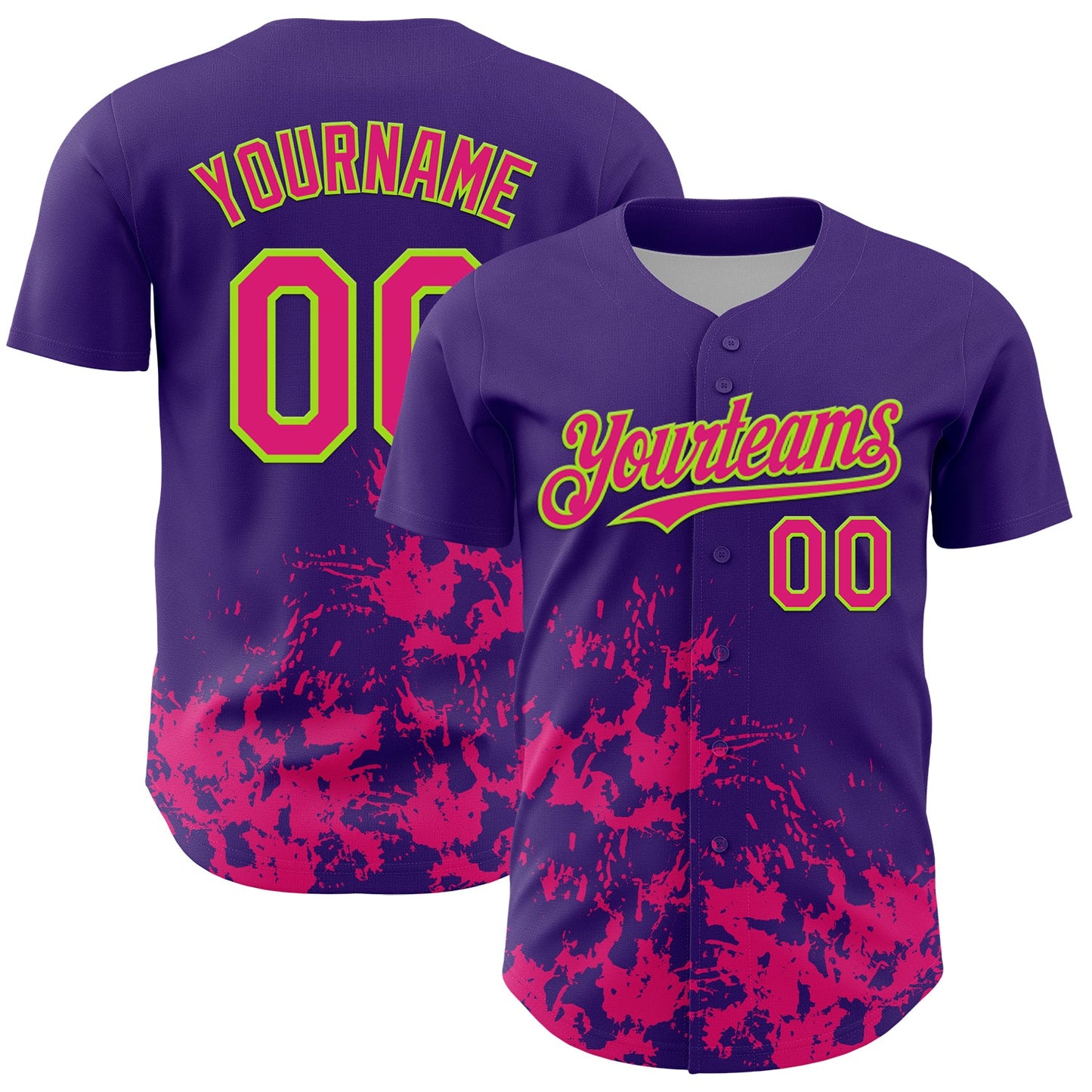 Custom Purple Hot Pink-Neon Green Splatter Authentic Baseball Jersey - Main View