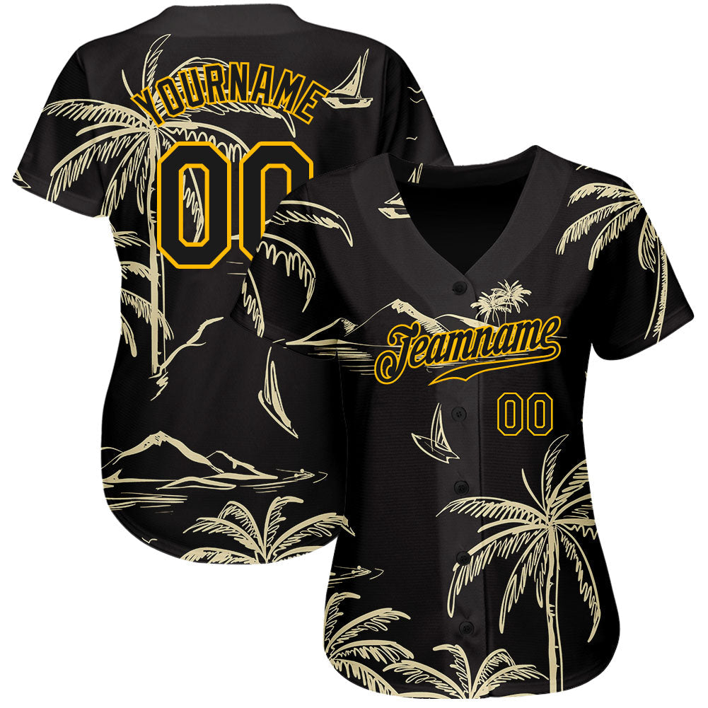Custom Black Gold 3D Pattern Design Hawaii Palm Trees Island And Sailboat Authentic Baseball Jersey view 3