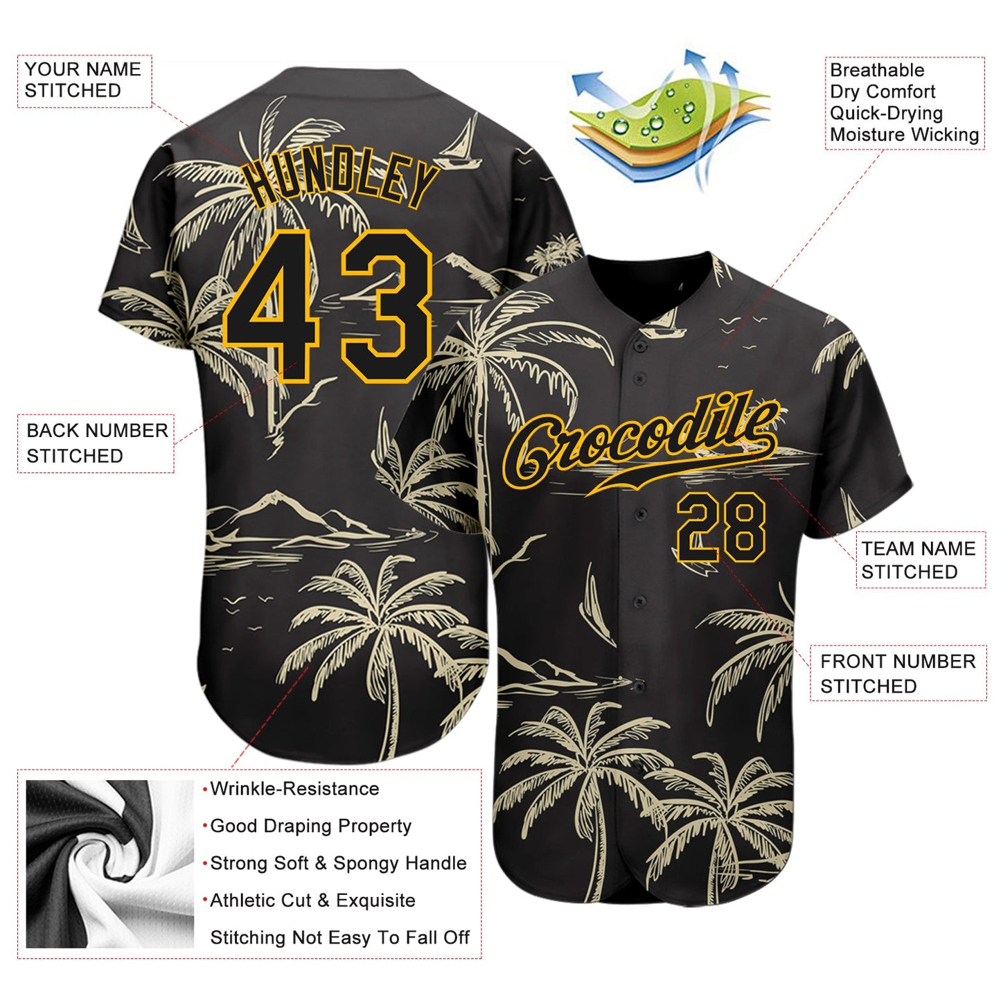 Custom Black Gold 3D Pattern Design Hawaii Palm Trees Island And Sailboat Authentic Baseball Jersey view 4