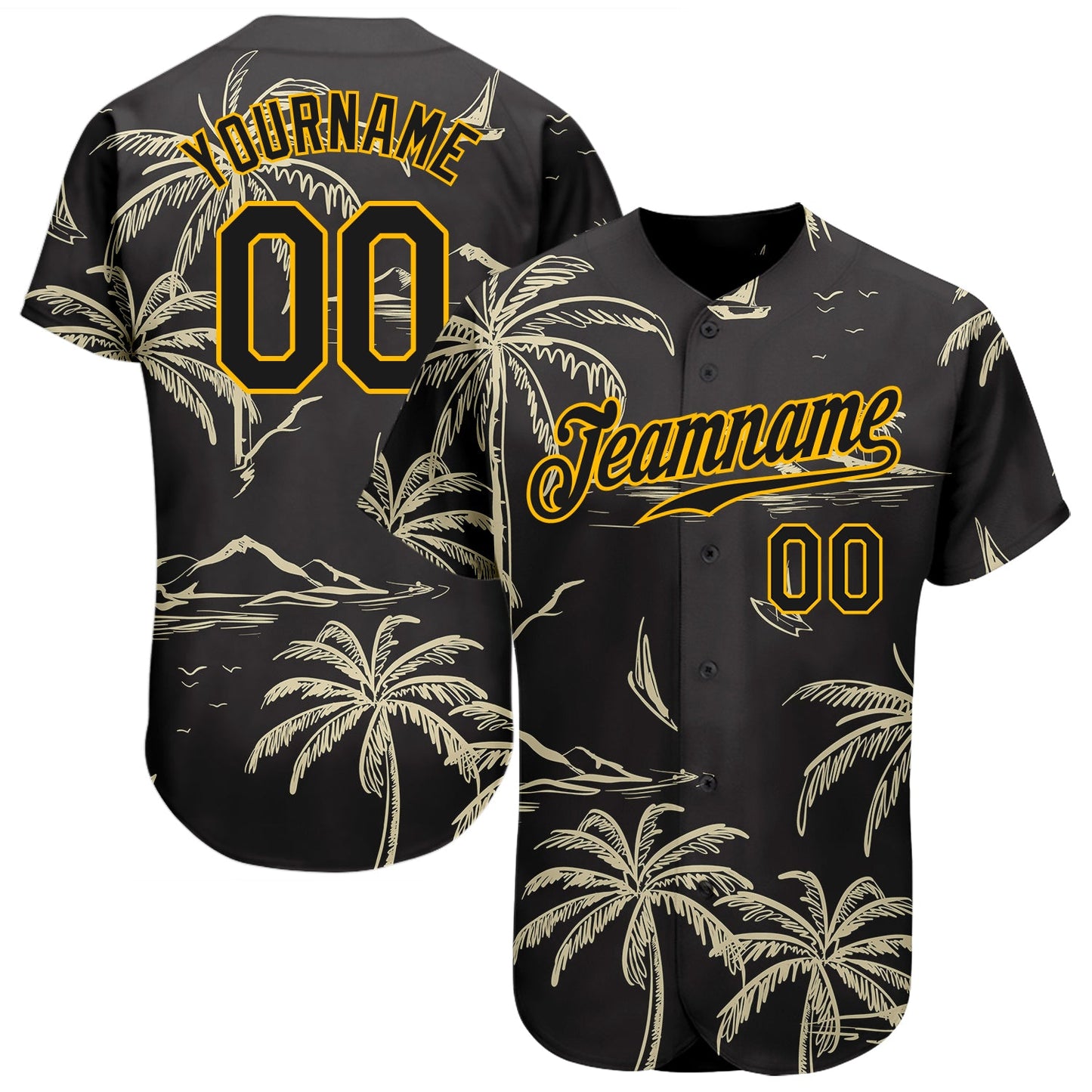 Custom Black Gold 3D Pattern Design Hawaii Palm Trees Island And Sailboat Authentic Baseball Jersey - Main View