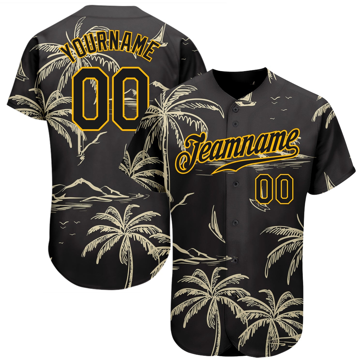 Custom Black Gold 3D Pattern Design Hawaii Palm Trees Island And Sailboat Authentic Baseball Jersey - Main View