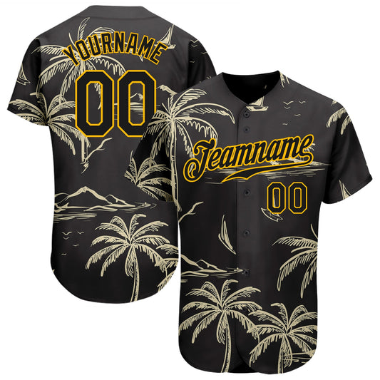 Custom Black Gold 3D Pattern Design Hawaii Palm Trees Island And Sailboat Authentic Baseball Jersey - Main View