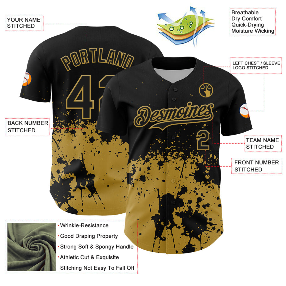 Custom Black Old Gold Abstract Splatter Grunge Authentic Baseball Jersey view 3