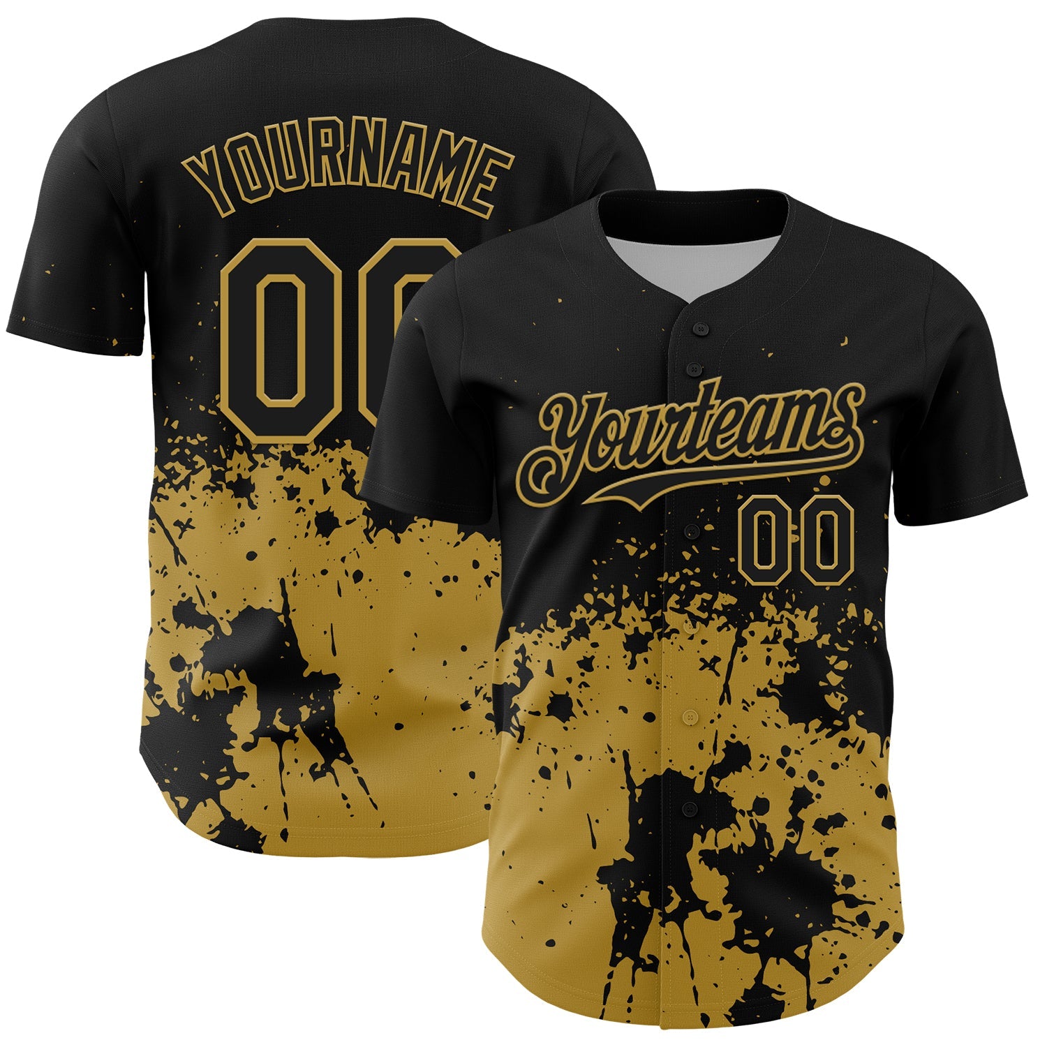 Custom Black Old Gold Abstract Splatter Grunge Authentic Baseball Jersey - Main View