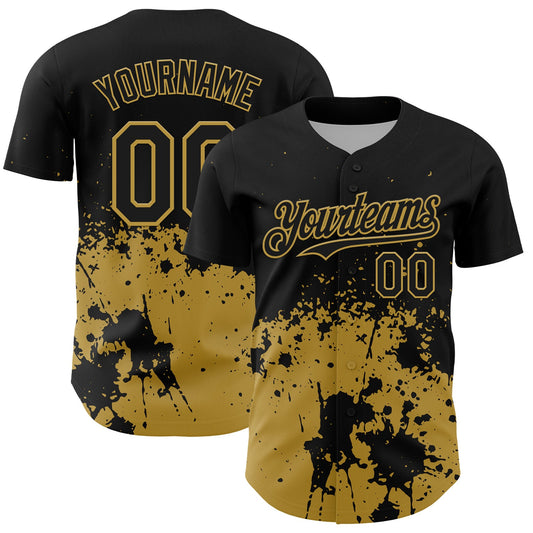 Custom Black Old Gold Abstract Splatter Grunge Authentic Baseball Jersey - Main View