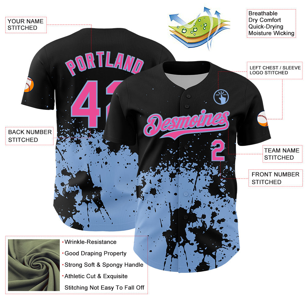Custom Black Pink-Light Blue Abstract Splatter Grunge Authentic Baseball Jersey view 3
