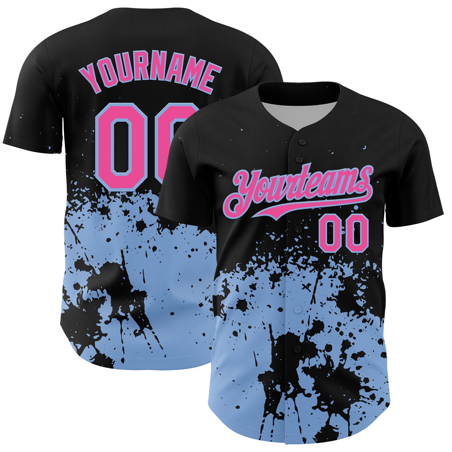 Custom Black Pink-Light Blue Abstract Splatter Grunge Authentic Baseball Jersey - Main View