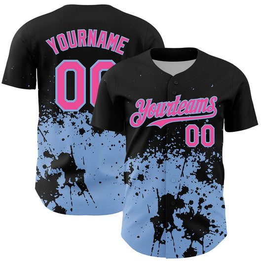 Custom Black Pink-Light Blue Abstract Splatter Grunge Authentic Baseball Jersey - Main View