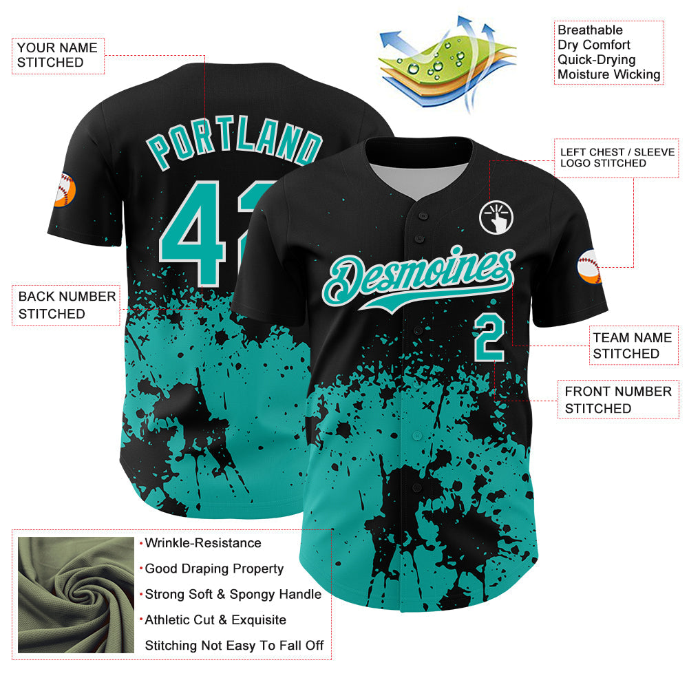 Custom Black Aqua-White Abstract Splatter Grunge Authentic Baseball Jersey view 3