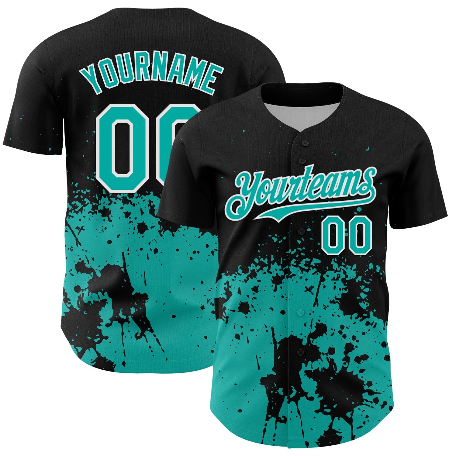 Custom Black Aqua-White Abstract Splatter Grunge Authentic Baseball Jersey - Main View