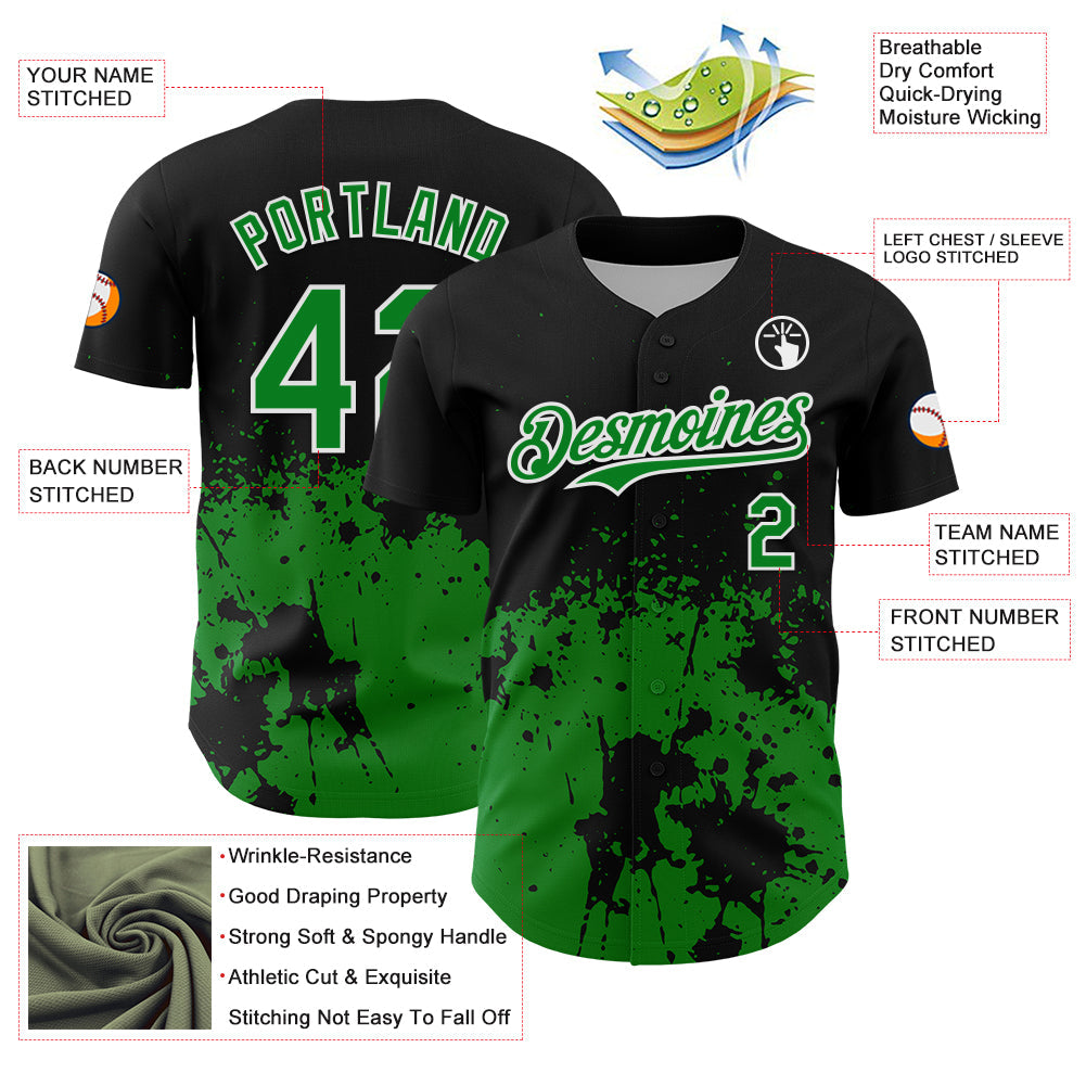 Custom Black Grass Green-White Abstract Splatter Grunge Authentic Baseball Jersey view 3