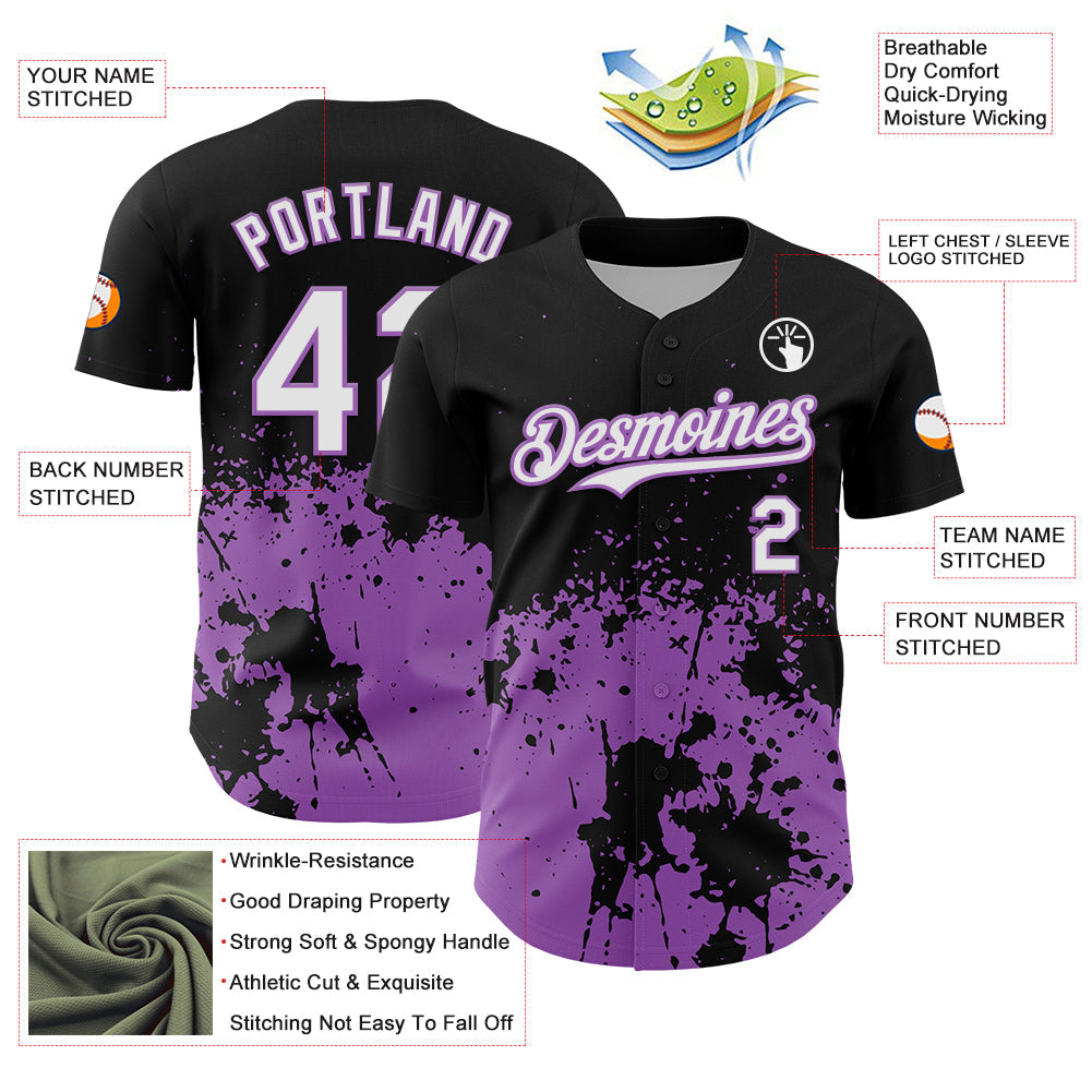 Custom Black White-Medium Purple Abstract Splatter Grunge Authentic Baseball Jersey view 3