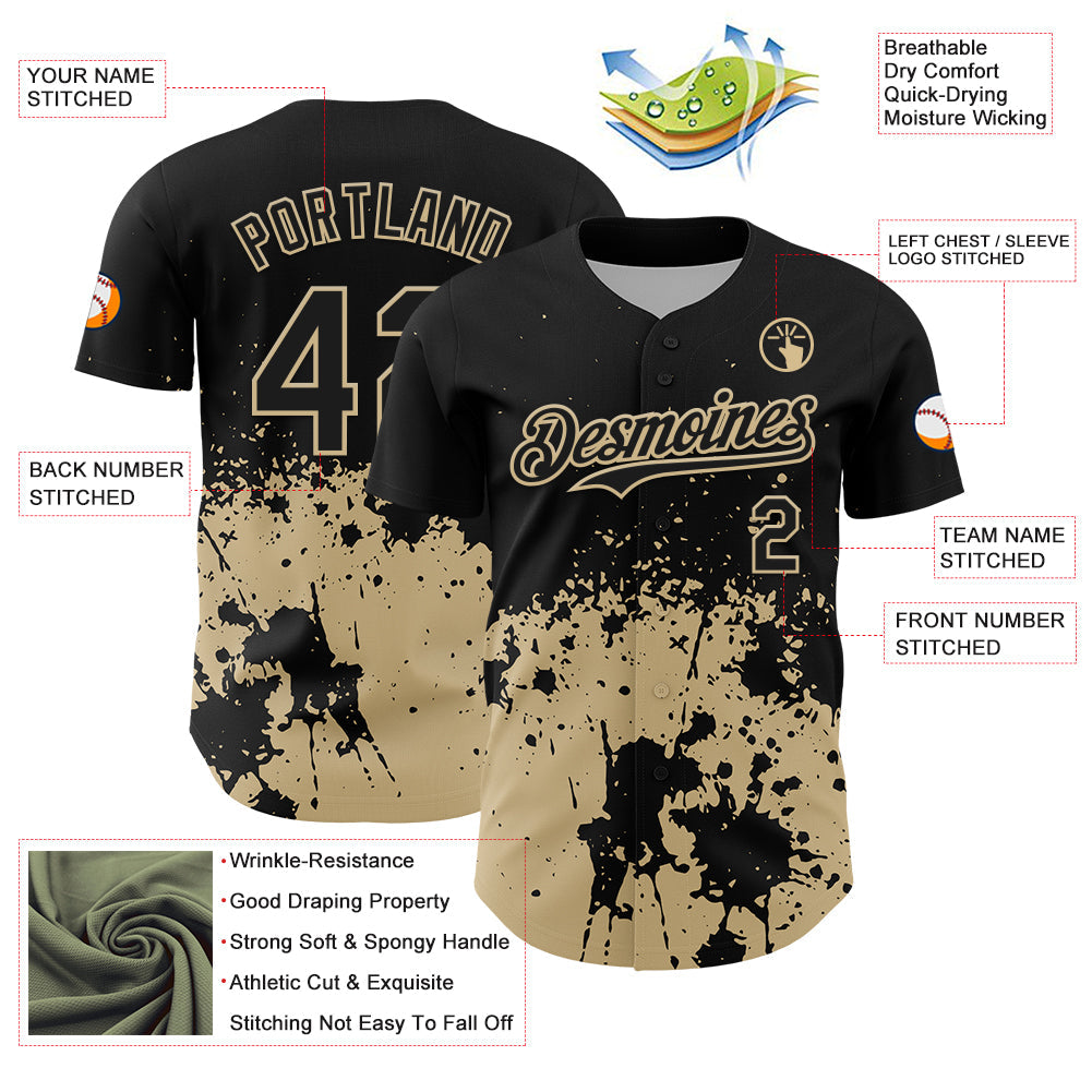 Custom Black Vegas Gold Abstract Splatter Grunge Authentic Baseball Jersey view 3