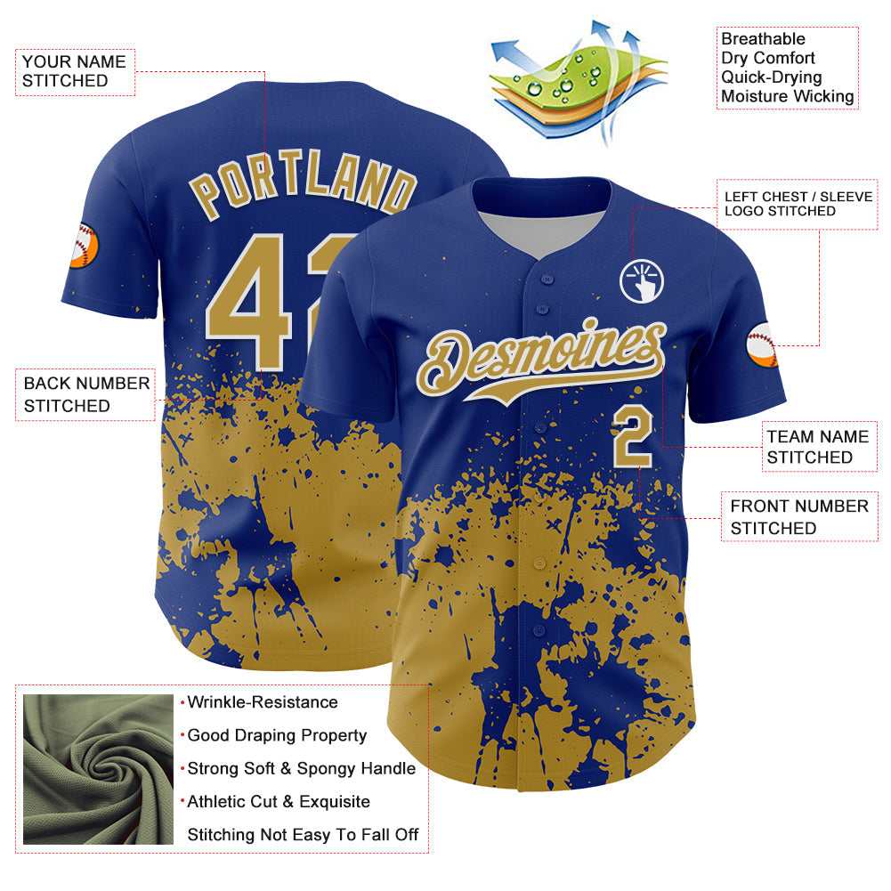 Custom Royal Old Gold-White Abstract Splatter Grunge Authentic Baseball Jersey view 3