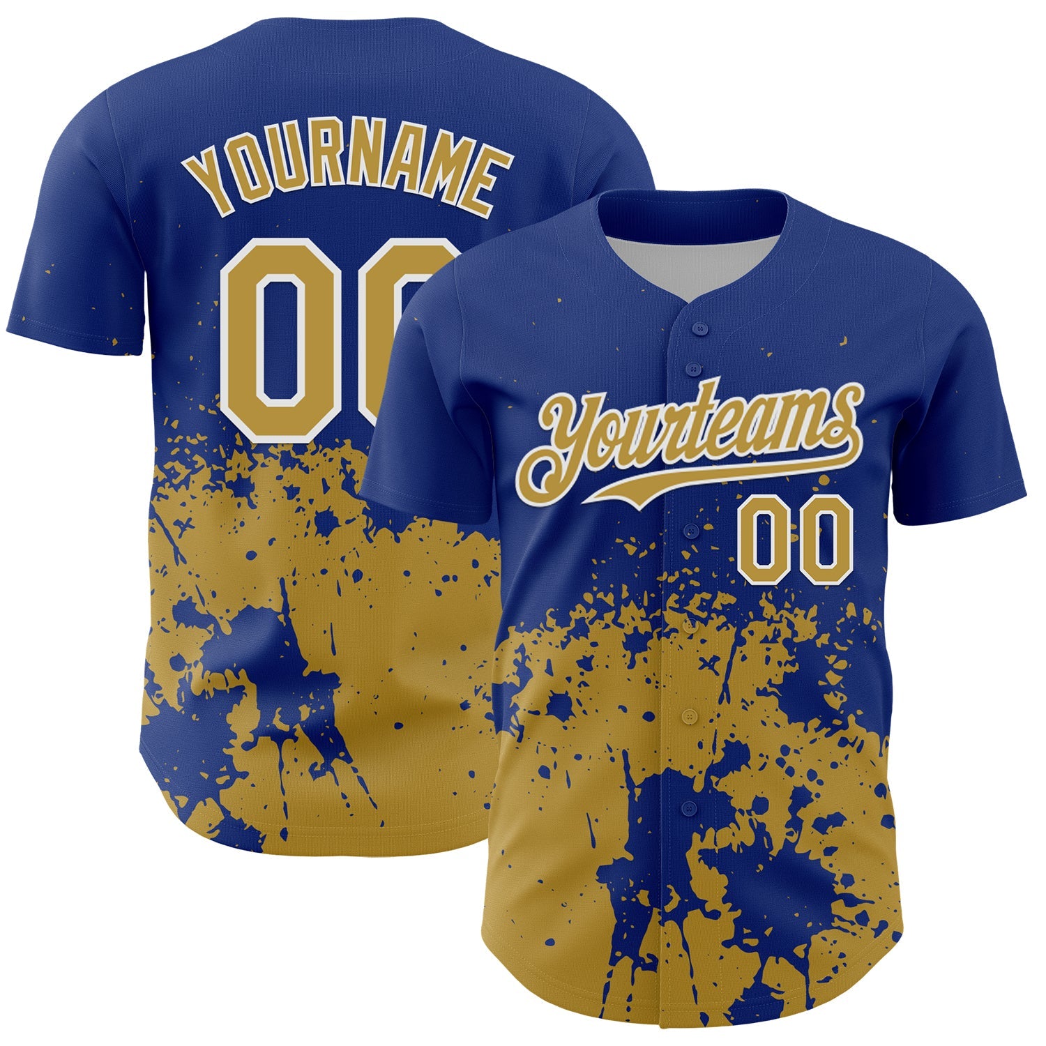 Custom Royal Old Gold-White Abstract Splatter Grunge Authentic Baseball Jersey - Main View