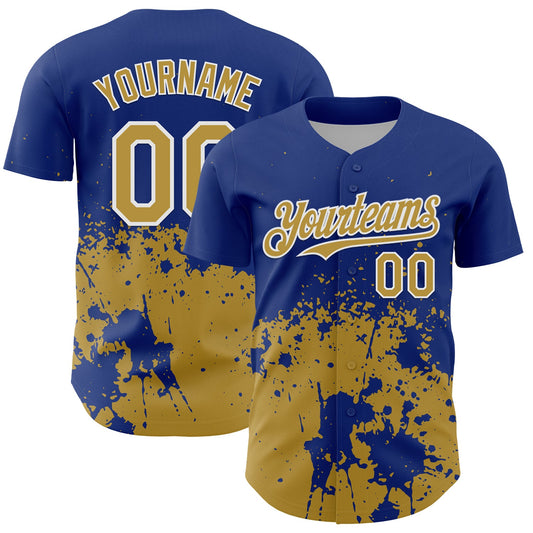 Custom Royal Old Gold-White Abstract Splatter Grunge Authentic Baseball Jersey - Main View