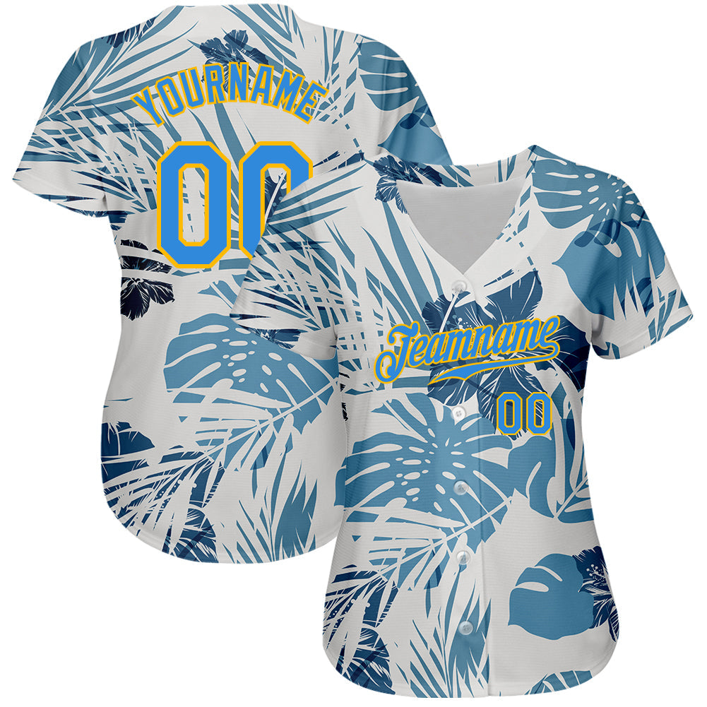 Custom White Electric Blue-Gold 3D Pattern Design Hawaii Palm Leaves And Flowers Authentic Baseball Jersey view 2