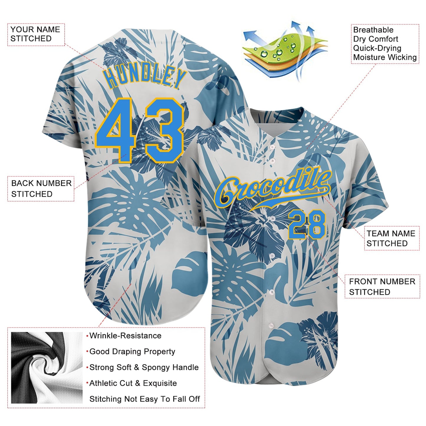 Custom White Electric Blue-Gold 3D Pattern Design Hawaii Palm Leaves And Flowers Authentic Baseball Jersey view 3