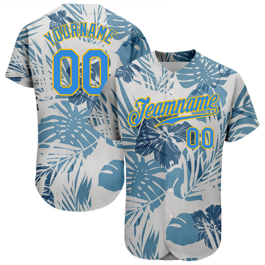 Custom White Electric Blue-Gold 3D Pattern Design Hawaii Palm Leaves And Flowers Authentic Baseball Jersey - Main View