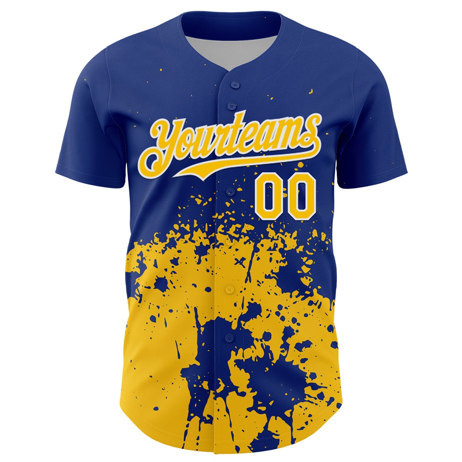 Custom Royal Yellow-White Abstract Splatter Grunge Authentic Baseball Jersey view 2
