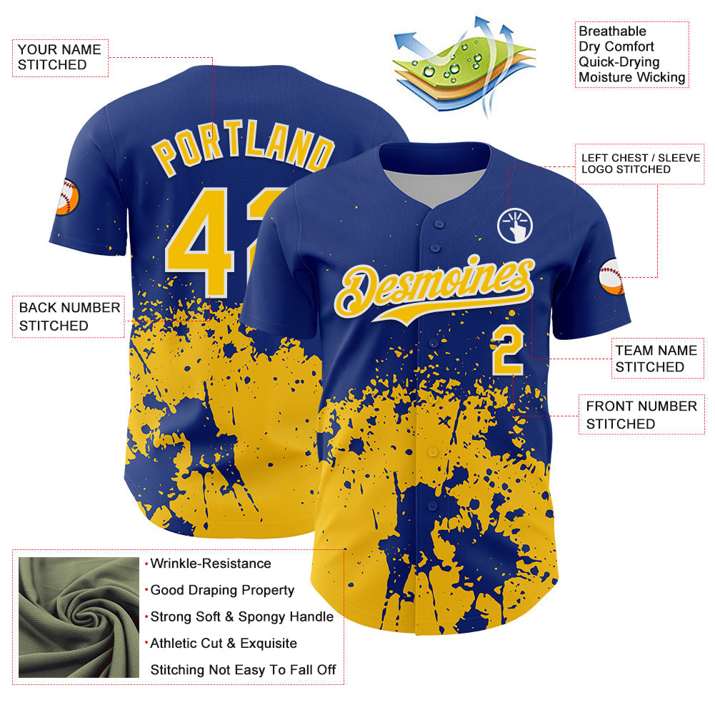Custom Royal Yellow-White Abstract Splatter Grunge Authentic Baseball Jersey view 3
