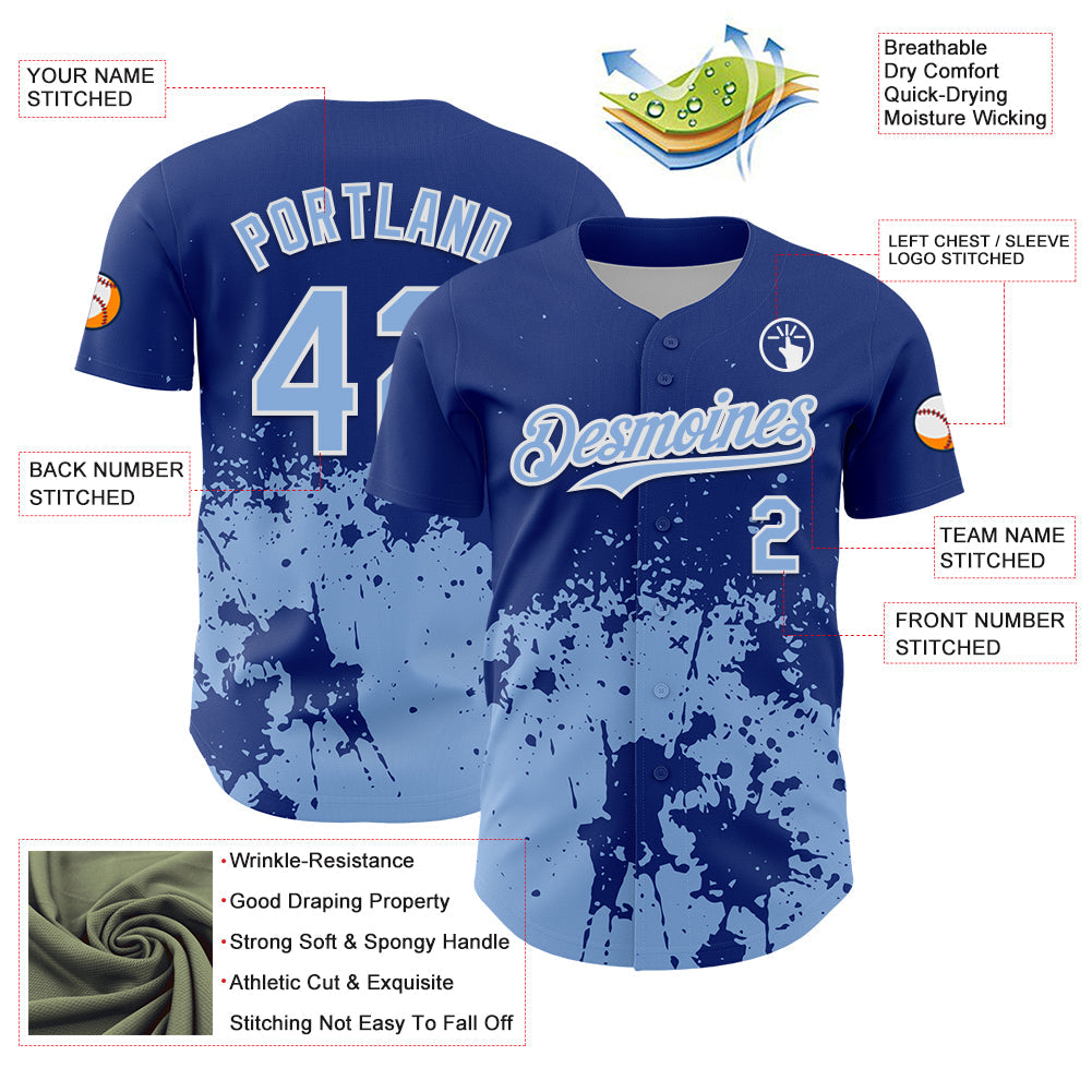 Custom Royal Light Blue-White Abstract Splatter Grunge Authentic Baseball Jersey view 3