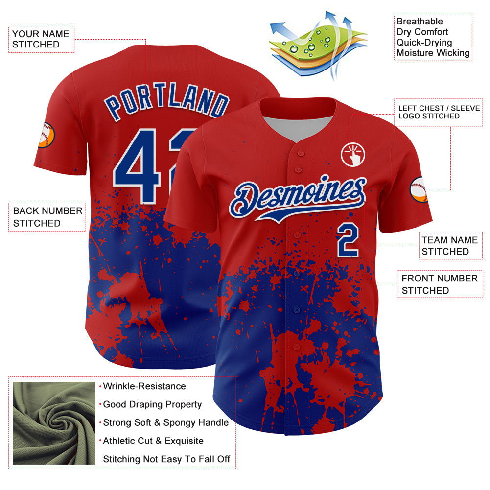 Custom Red Royal-White Abstract Splatter Grunge Authentic Baseball Jersey view 3