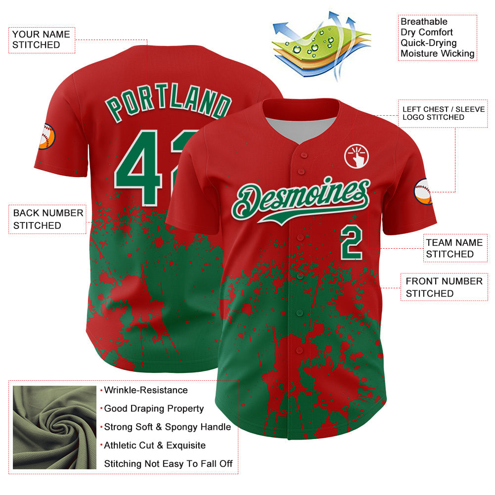 Custom Red Kelly Green-White Abstract Splatter Grunge Authentic Baseball Jersey view 3