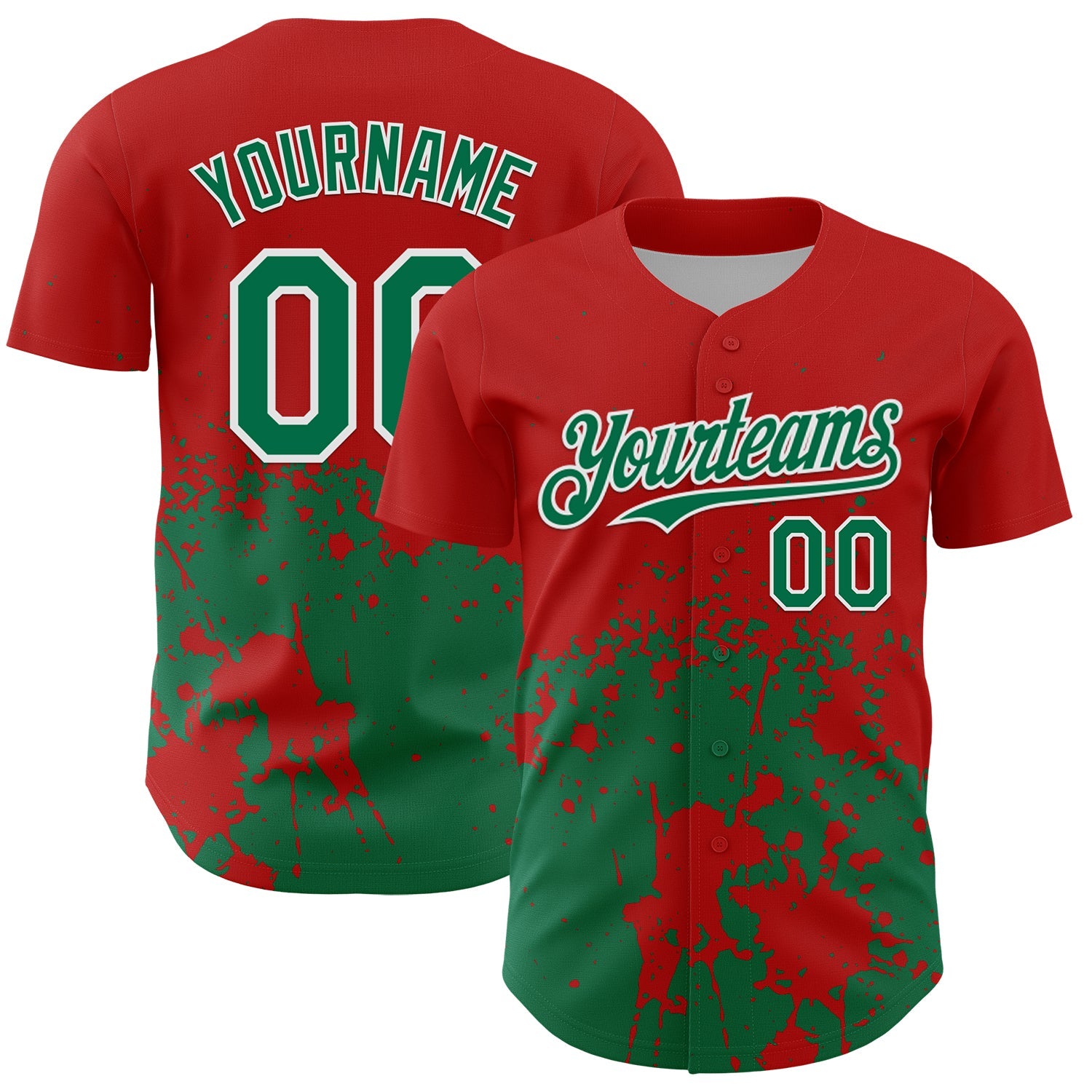 Custom Red Kelly Green-White Abstract Splatter Grunge Authentic Baseball Jersey - Main View
