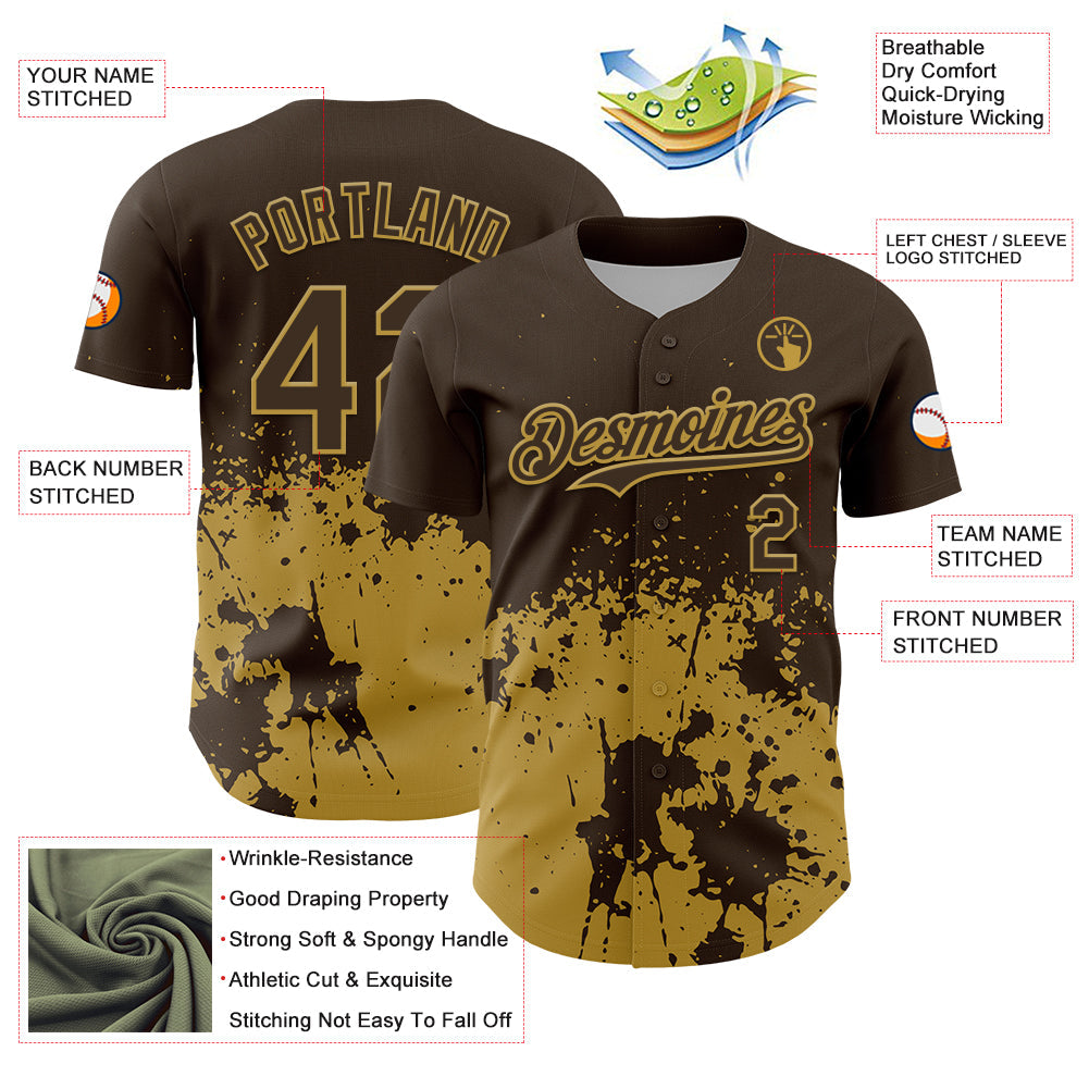 Custom Brown Old Gold Abstract Splatter Grunge Authentic Baseball Jersey view 3