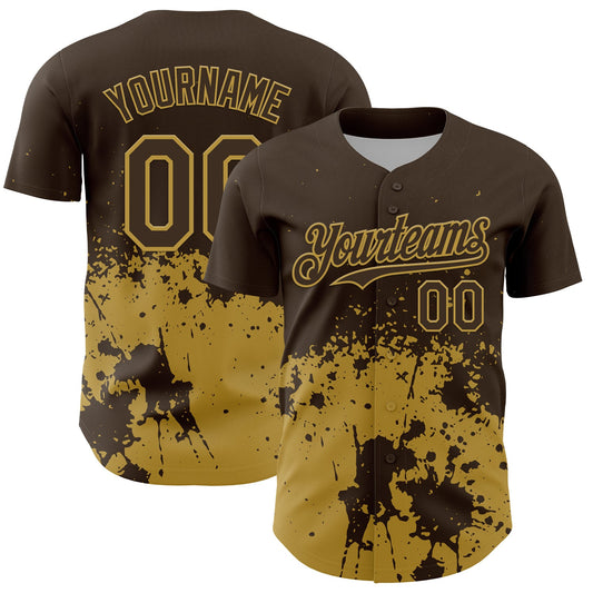 Custom Brown Old Gold Abstract Splatter Grunge Authentic Baseball Jersey - Main View