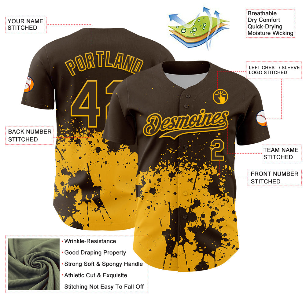 Custom Brown Yellow Abstract Splatter Grunge Authentic Baseball Jersey view 3