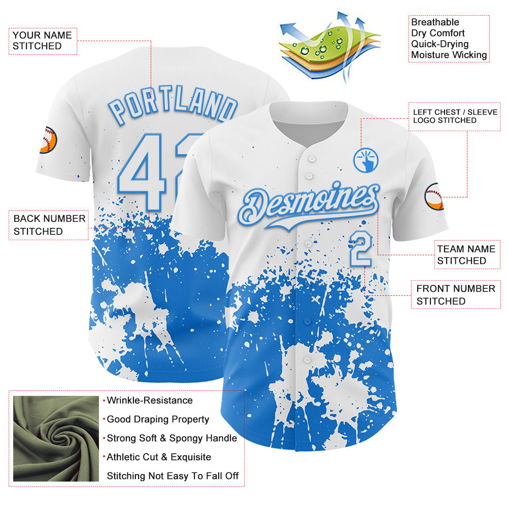 Custom White Powder Blue Abstract Splatter Grunge Authentic Baseball Jersey view 3