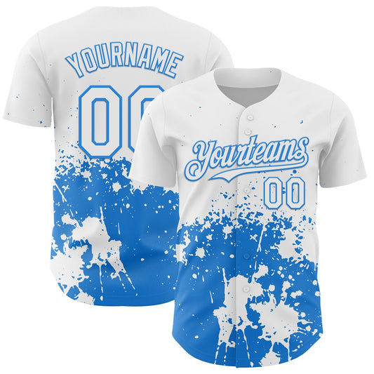 Custom White Powder Blue Abstract Splatter Grunge Authentic Baseball Jersey - Main View