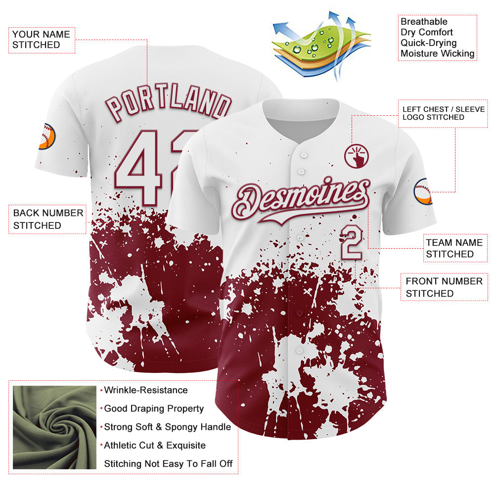 Custom White Crimson Abstract Splatter Grunge Authentic Baseball Jersey view 3