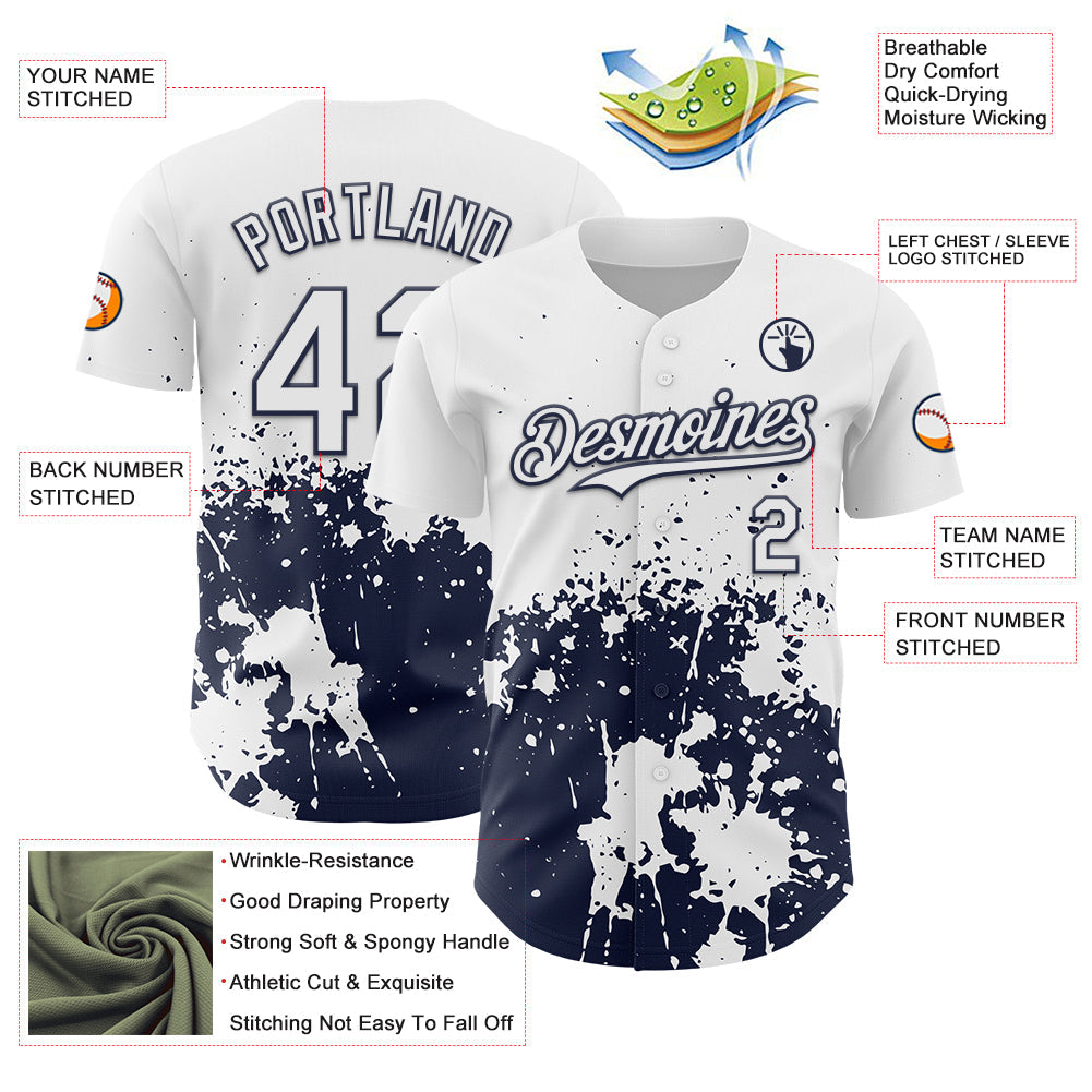Custom White Navy Abstract Splatter Grunge Authentic Baseball Jersey view 3