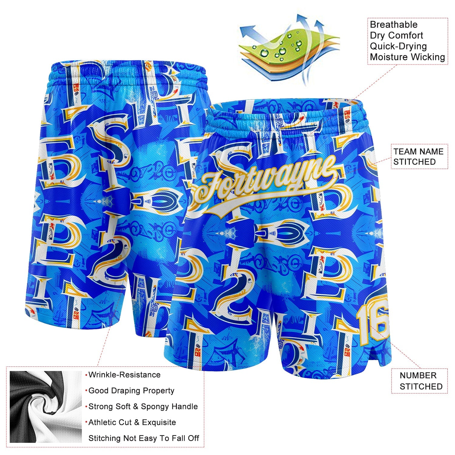 Custom Royal White-Yellow 3D Pattern Ocean Graphic Geometry Authentic Basketball Shorts view 2