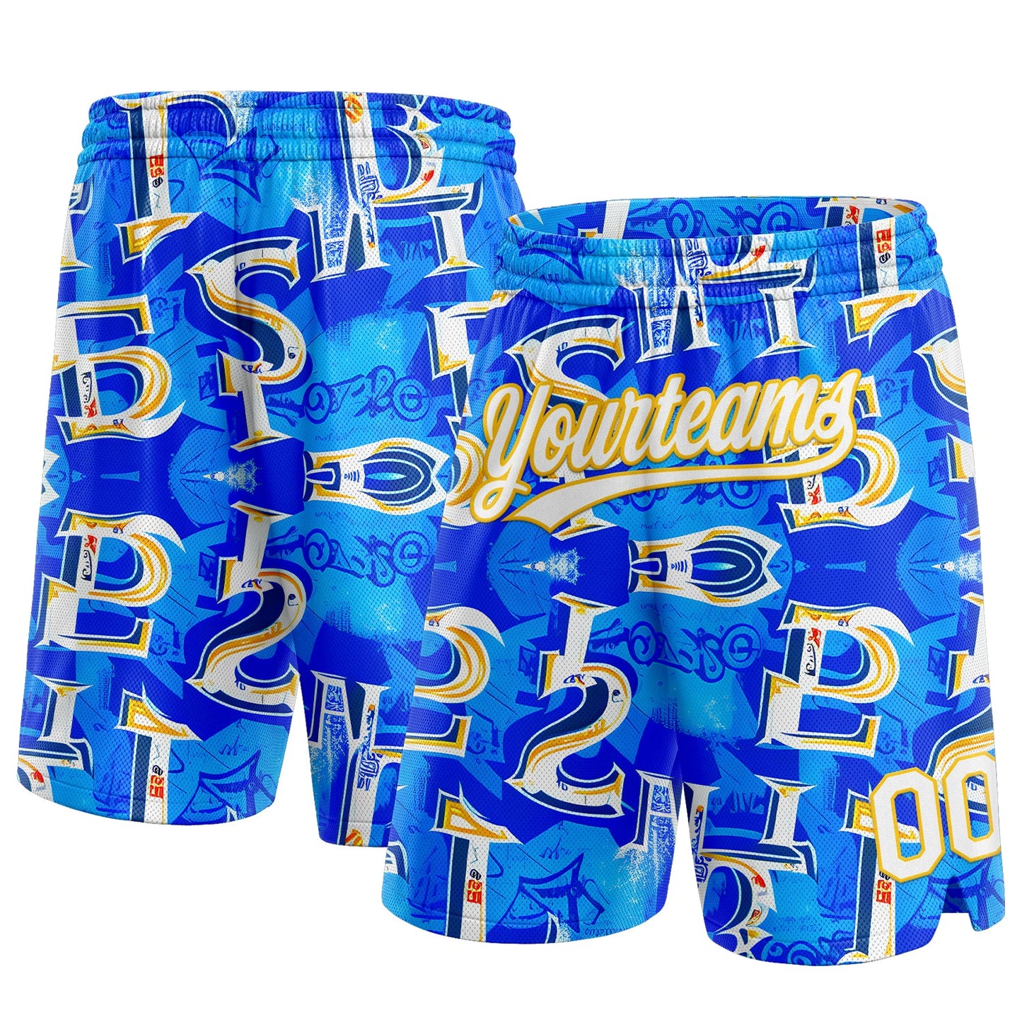 Custom Royal White-Yellow 3D Pattern Ocean Graphic Geometry Authentic Basketball Shorts - Main View